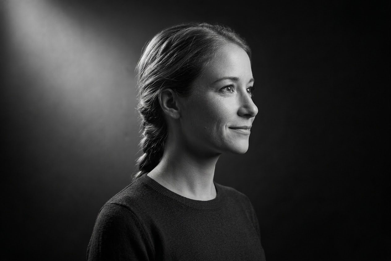 Schwarzweiss-Portrait einer Frau mit geflochtenem Zopf mit Blick nach rechts im seitlichen Lichtkegel vor dunklem Hintergrund